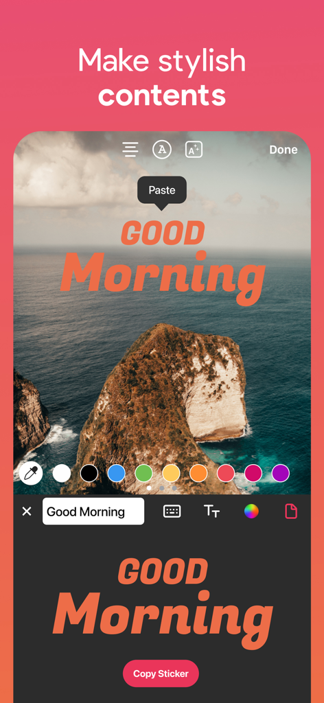 A mobile app interface showing a photo of a cliff with stylish orange text overlay saying Good Morning.
