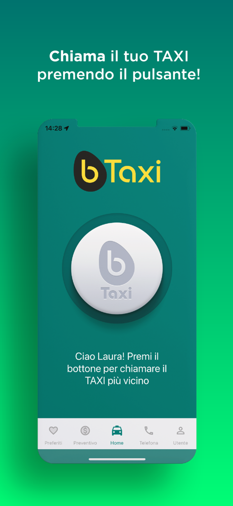 BTaxi - Schermata principale dell'app mobile BTaxi con un grande pulsante centrale per chiamare il taxi più vicino