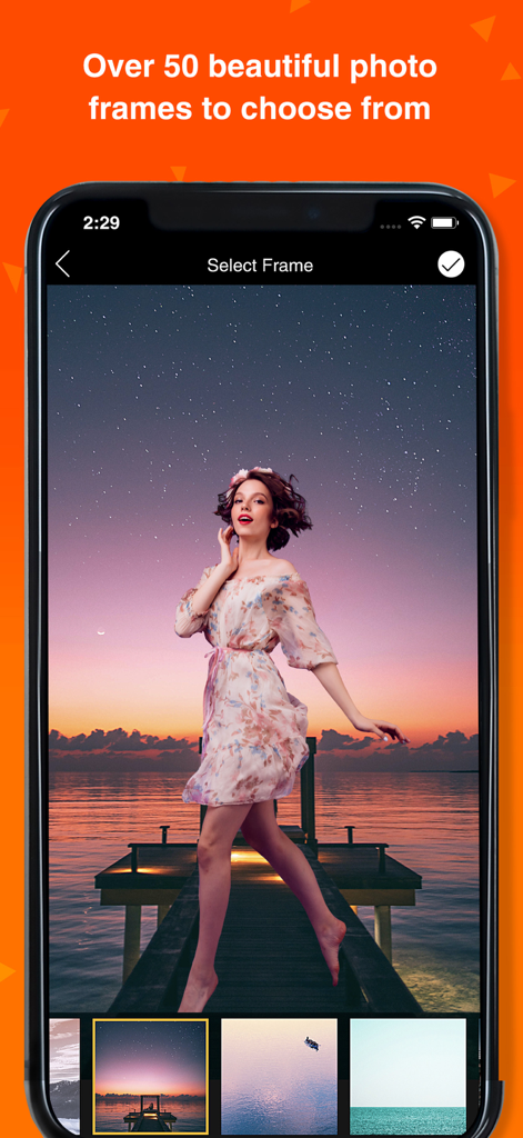 Mobile Benutzeroberfläche zeigt eine Vielzahl von malerischen Fotorahmen und Hintergründen für die professionelle Bearbeitung