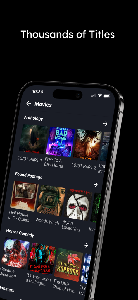 Chilling: Horror Movies & More - A smartphone displaying the Chilling app horror movie library with categories like anthology found footage and horror comedy