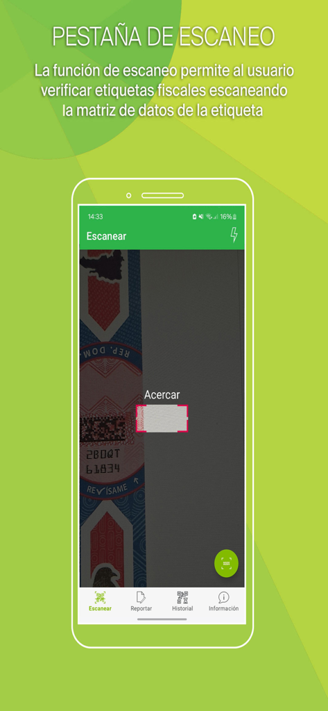 Smartphone screen showing the Revisame app scanner verifying a tax label on a product