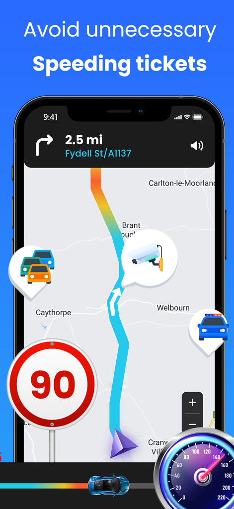 Tela de smartphone de um aplicativo de navegação GPS com um sinal de limite de velocidade, velocímetro e alertas de radar para evitar multas por excesso de velocidade.