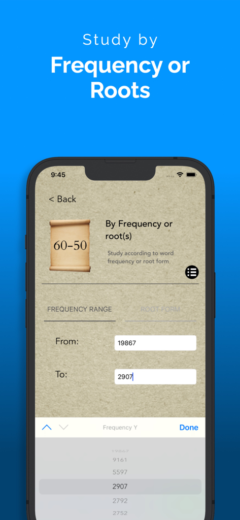 FlashGreek: Mounce edition - FlashGreek app interface showing settings to study Biblical Greek vocabulary by frequency range or root forms