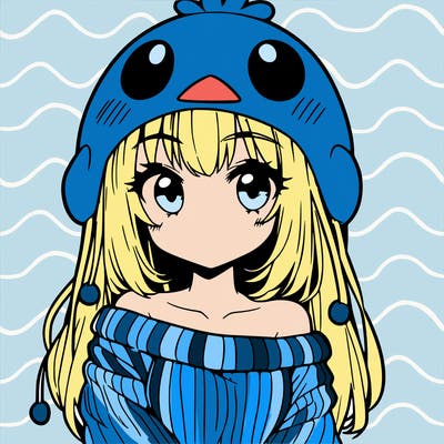 anime girl with chick shaped hat with sweater with bare shoulders with bangs covering them one eye with low tail