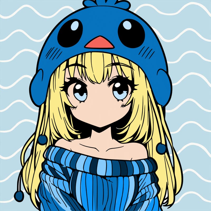 anime girl with chick shaped hat with sweater with bare shoulders with bangs covering them one eye with low tail