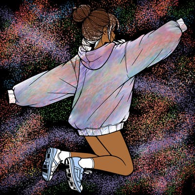 realistic girl jumping with a bun and oversized sweatshirt