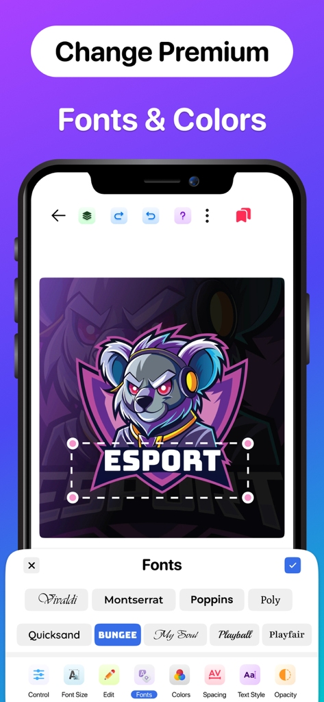 Logo Maker and AI Logo Creator - Interfaz de la aplicación móvil mostrando la selección de fuentes y la personalización de colores para un logo de esports.