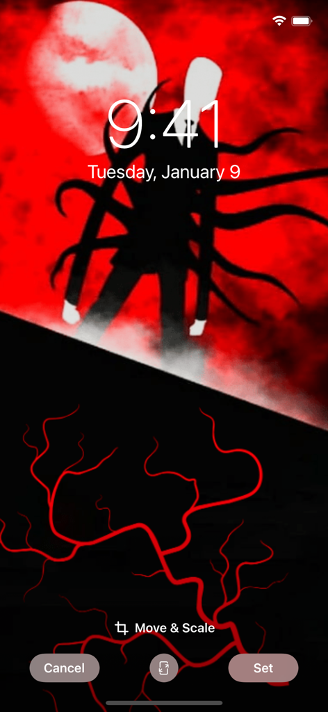 Creepypasta Stories Wallpaper - Lock screen preview featuring Slender Man with black tentacles on a red horror background with a white moon