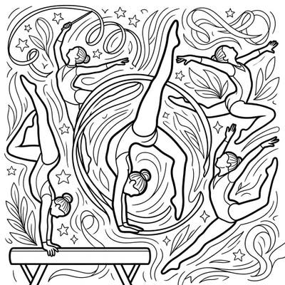 Leap into action with this inspiring coloring page featuring gymnasts in stunning poses. Designed with bold outlines and clear shapes, it's perfect for seniors looking for an engaging and accessible artistic activity.
