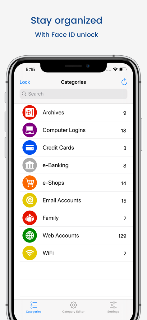 Screenshot of aWallet Password Manager showing organized categories like Credit Cards e-Banking and Web Accounts