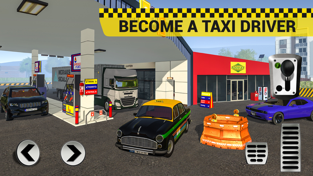 Black taxi car at a gas station with on-screen gameplay controls