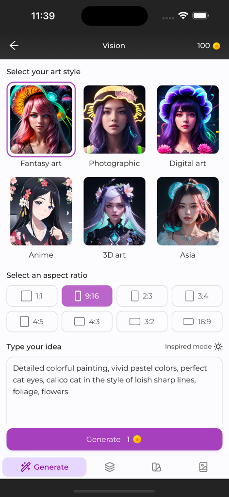 MOJO AI - MOJO AI app interface showing art style selection aspect ratio options and a text prompt field for generating AI images