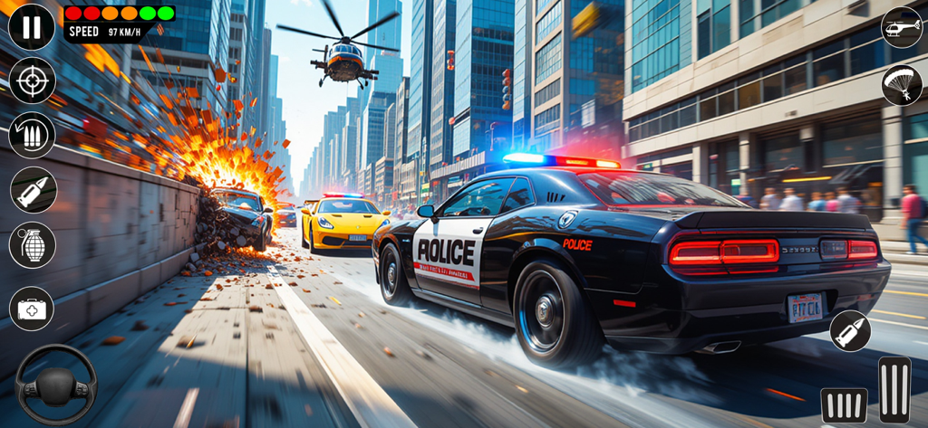 Police Car Games - Police Game - Police car chasing a criminal through city streets with a helicopter overhead