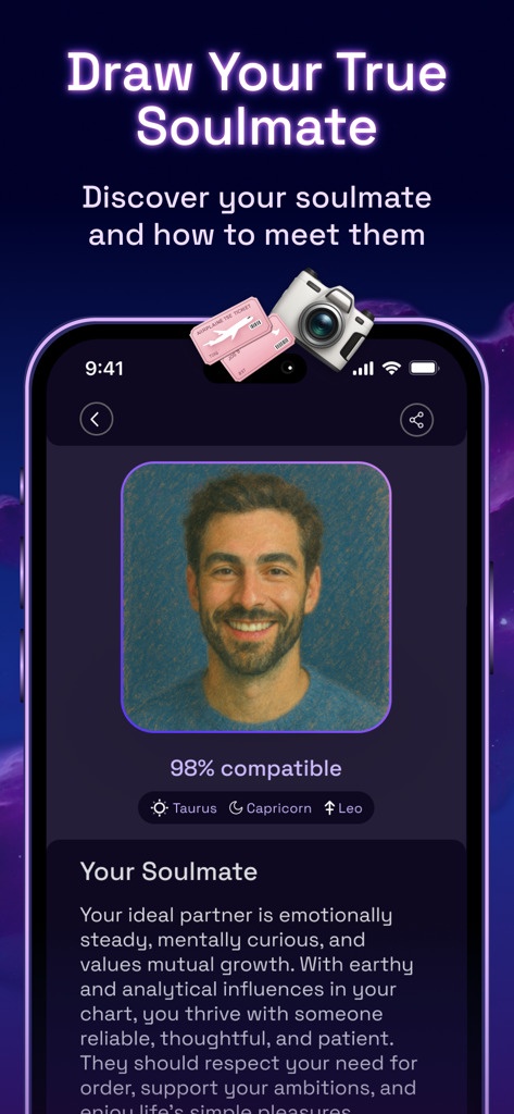 Astro Map: Soulmate drawing - Astro Map app screen showing a soulmate drawing with a 98 percent compatibility rating and zodiac signs