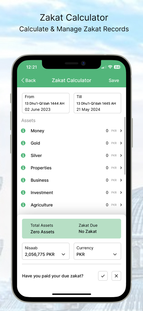 Zakat calculator screen in the Islamic Prayer Times app