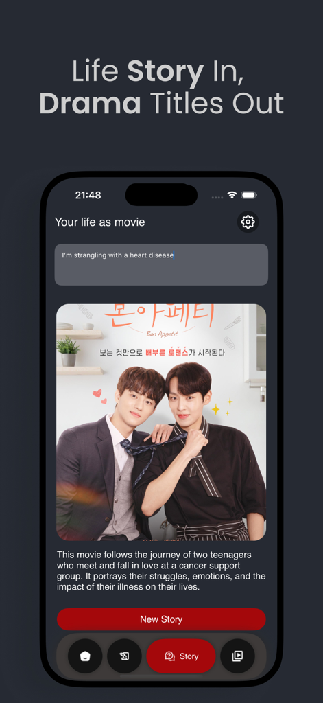 Xuper TV app screen showing AI movie search based on a user life story