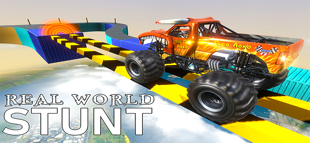 Monster Trucks Stunt Racing 3D - Un camión monstruoso naranja realizando acrobacias en una rampa a gran altitud sobre las nubes
