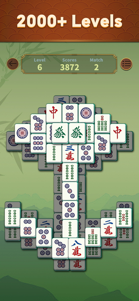 Otium Mahjong: Wafū Tile Match - Pantalla de juego de Otium Mahjong que muestra un diseño de fichas sobre un fondo zen con texto promocionando más de 2000 niveles