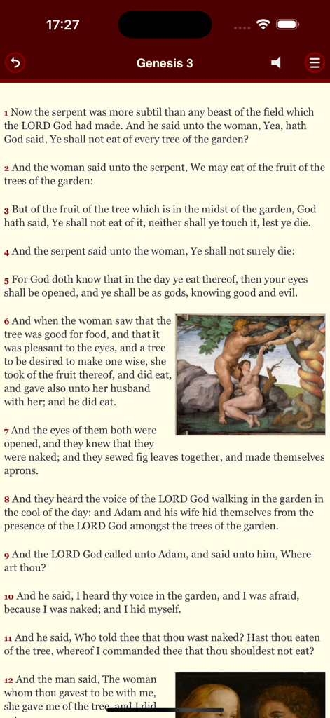 ArtBible - Pantalla de la aplicación ArtBible mostrando el texto de Génesis 3 y una pintura clásica de Adán y Eva