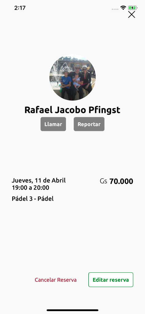 Detailed view of a padel court reservation in the Reva Admin app showing the customer profile and booking time