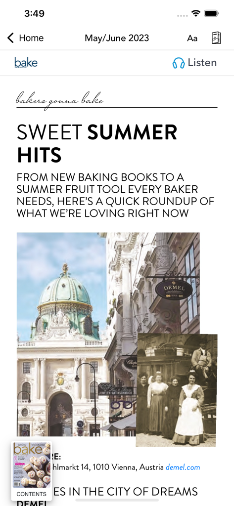 Bake from Scratch - Screenshot of the Bake from Scratch app showing an article about summer baking and the Demel bakery in Vienna