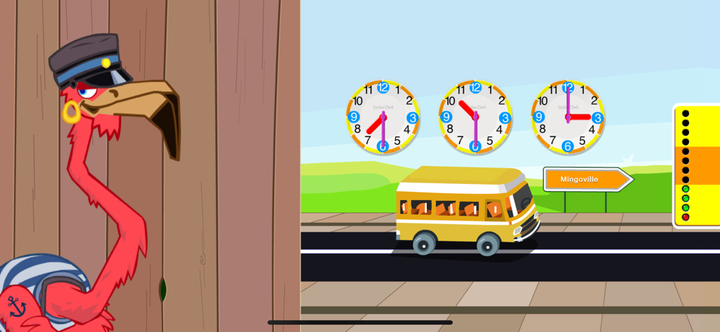 Educational game screen with a cartoon flamingo and clocks for learning time