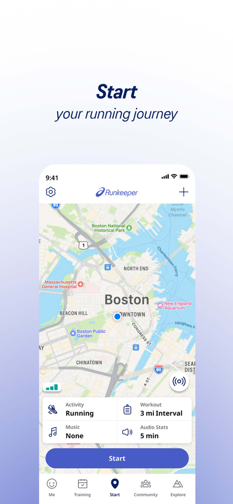 Interface de l'application mobile ASICS Runkeeper affichant une carte GPS et un bouton de démarrage de l'entraînement