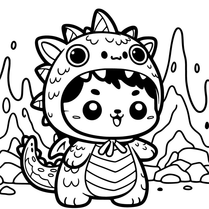 a kitten wearing a dragon costume with lava balls in the background
