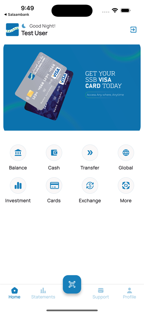 Salaam Bank - Mobile Banking - Interface of Salaam Bank mobile banking app with dashboard features and visa card promotion