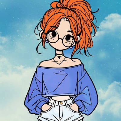 girl with a messy ponytail glasses a baggy crop top and jean shorts