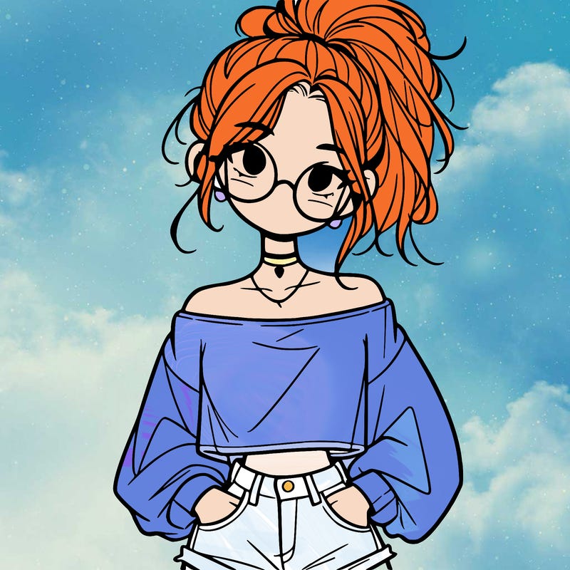 girl with a messy ponytail glasses a baggy crop top and jean shorts