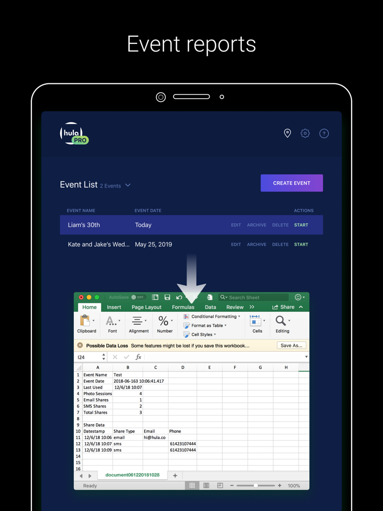 Darkroom Booth - Darkroom Booth App-Oberfläche mit Event-Berichten und einer Tabellenkalkulation mit Analysen von Fotobox-Daten