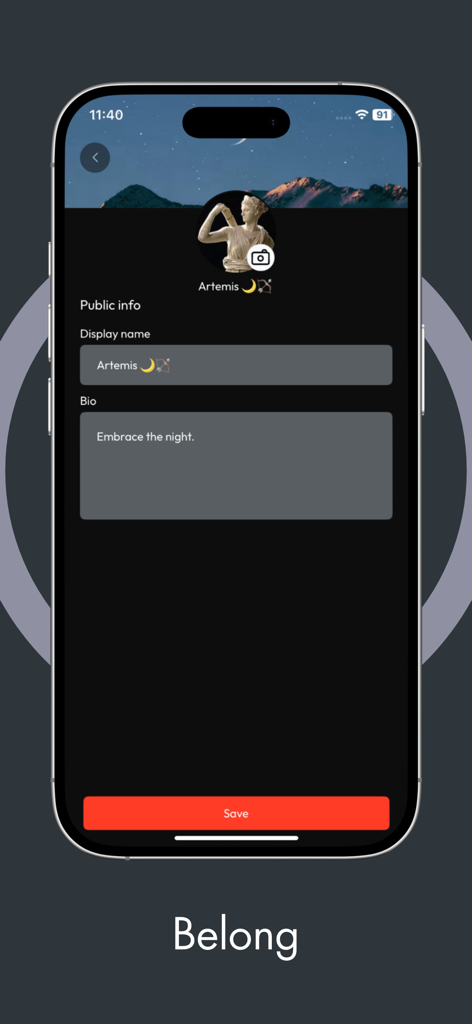 Patchwork: Your Social Media - User profile editing screen in the Patchwork social media app showing fields for display name and bio