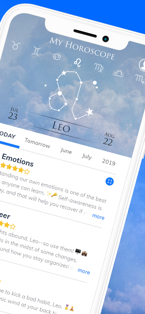 My Horoscope - Daily Astrology - Daily horoscope interface for Leo showing astrological ratings and insights for emotions and career