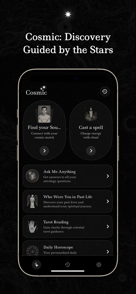 Cosmic: Soulmate Drawing - Cosmic app interface showing soulmate drawing and tarot reading features on an iPhone screen.