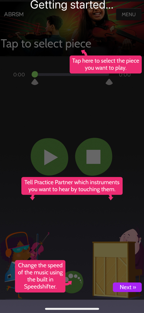 ABRSM Violin Practice Partner - Tutorial screen for the ABRSM Violin Practice Partner app explaining how to select music pieces adjust playback speed and toggle instruments.