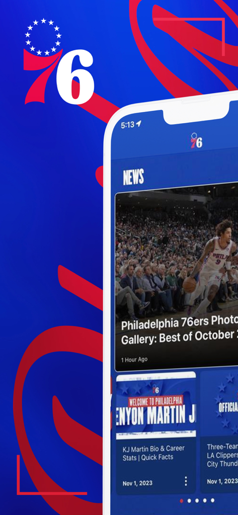 Philadelphia 76ers - Screenshot of the Philadelphia 76ers official app news section featuring team updates and player highlights.