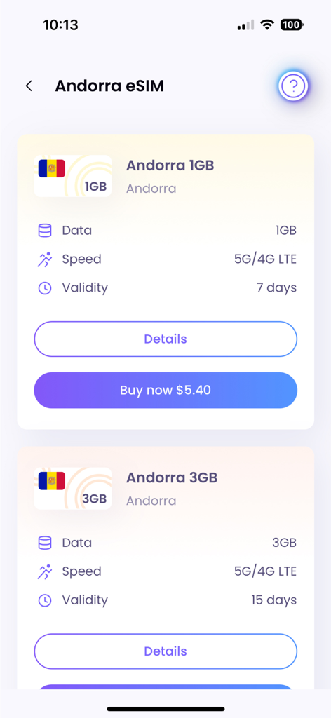 Aplicativo móvel SimOptions exibindo pacotes de dados eSIM pré-pagos para Andorra com preços e limites de dados.