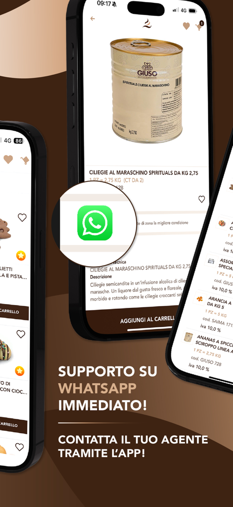 Saima: ordini clienti - Saima app screen showing immediate WhatsApp support for bakery and pastry professionals