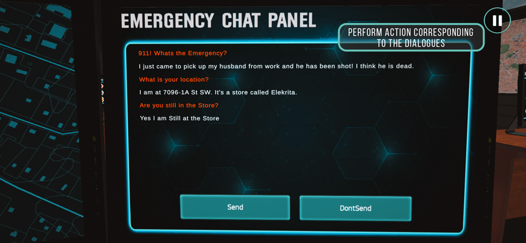 911 Emergency Dispatcher sim - Interfaz de panel de chat de emergencia en el simulador de despachador 911 mostrando el diálogo del llamante y botones de acción