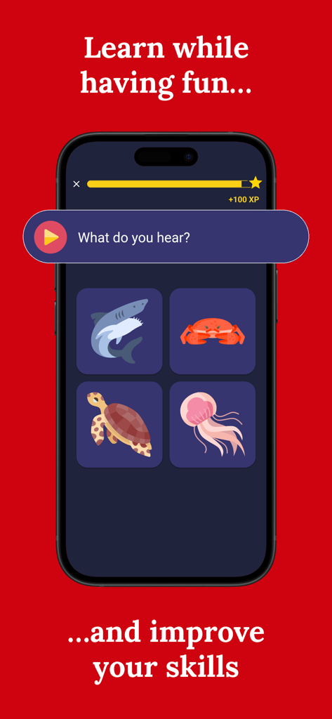 Turkish language learning app interface showing a listening comprehension exercise with sea animal illustrations