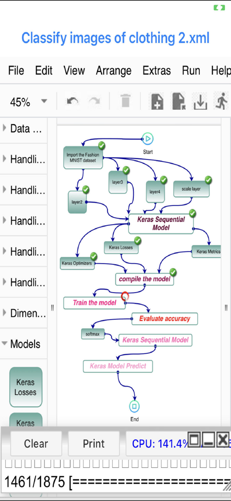 Analyser - Visual machine learning workflow for training a Keras model in the Analyser app.