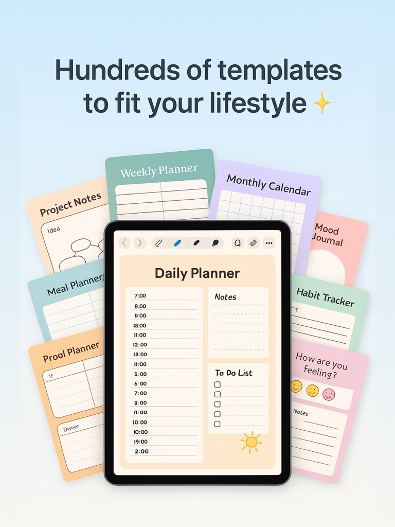 iPad montrant un modèle d'agenda quotidien entouré de cartes colorées de style de vie et de suivi des habitudes