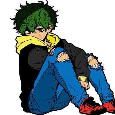 a male hoddie ripped jeans messy hair anime