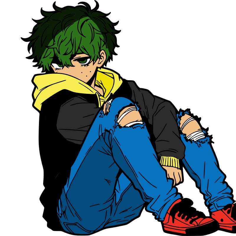a male hoddie ripped jeans messy hair anime