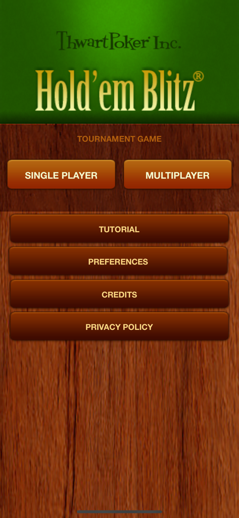Hold'em Blitz - Main menu of the Holdem Blitz app showing single player and multiplayer game options over a wood textured background