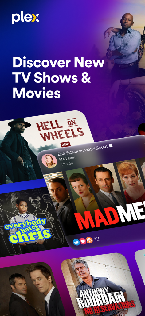 Discover new TV shows and movies on the Plex streaming app interface.