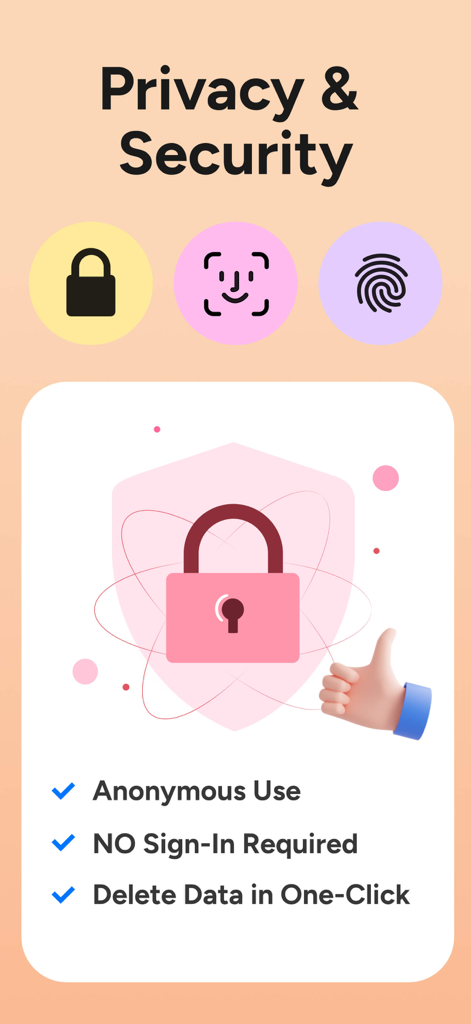 Period Tracker app screen highlighting privacy features like anonymous use, no sign-in requirement, and biometric security locks.
