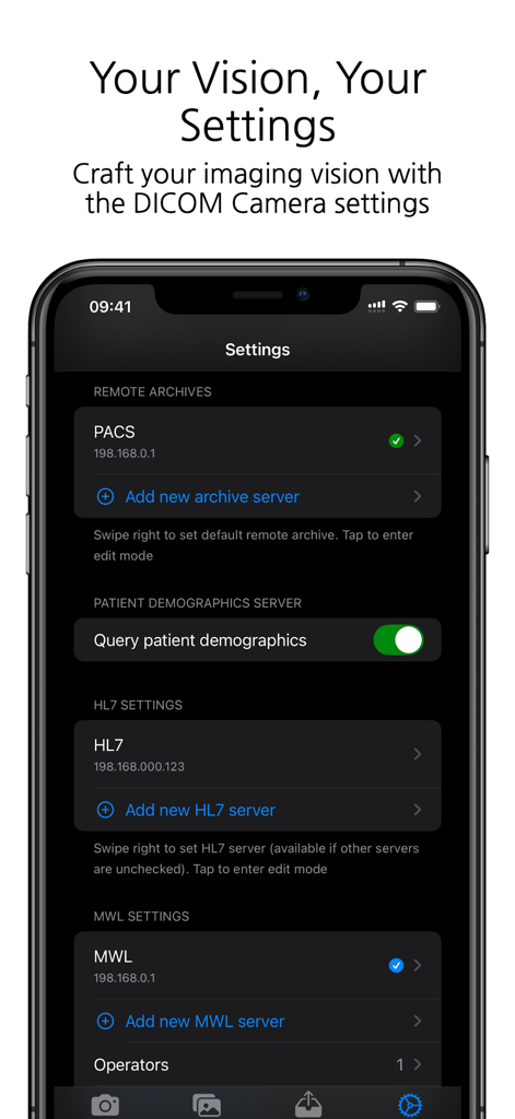 DICOM Camera - Settings screen of the DICOM Camera app showing configuration options for PACS HL7 and MWL servers