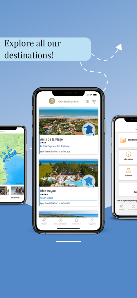 Sandaya mobile app interface showing a list of 4 and 5 star luxury camping destinations.